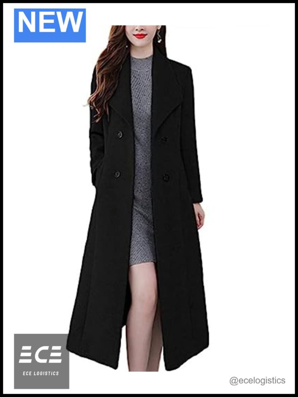 Wool Blend Double Breasted Maxi Pea Coat Shawl Collar Winter Work Coat